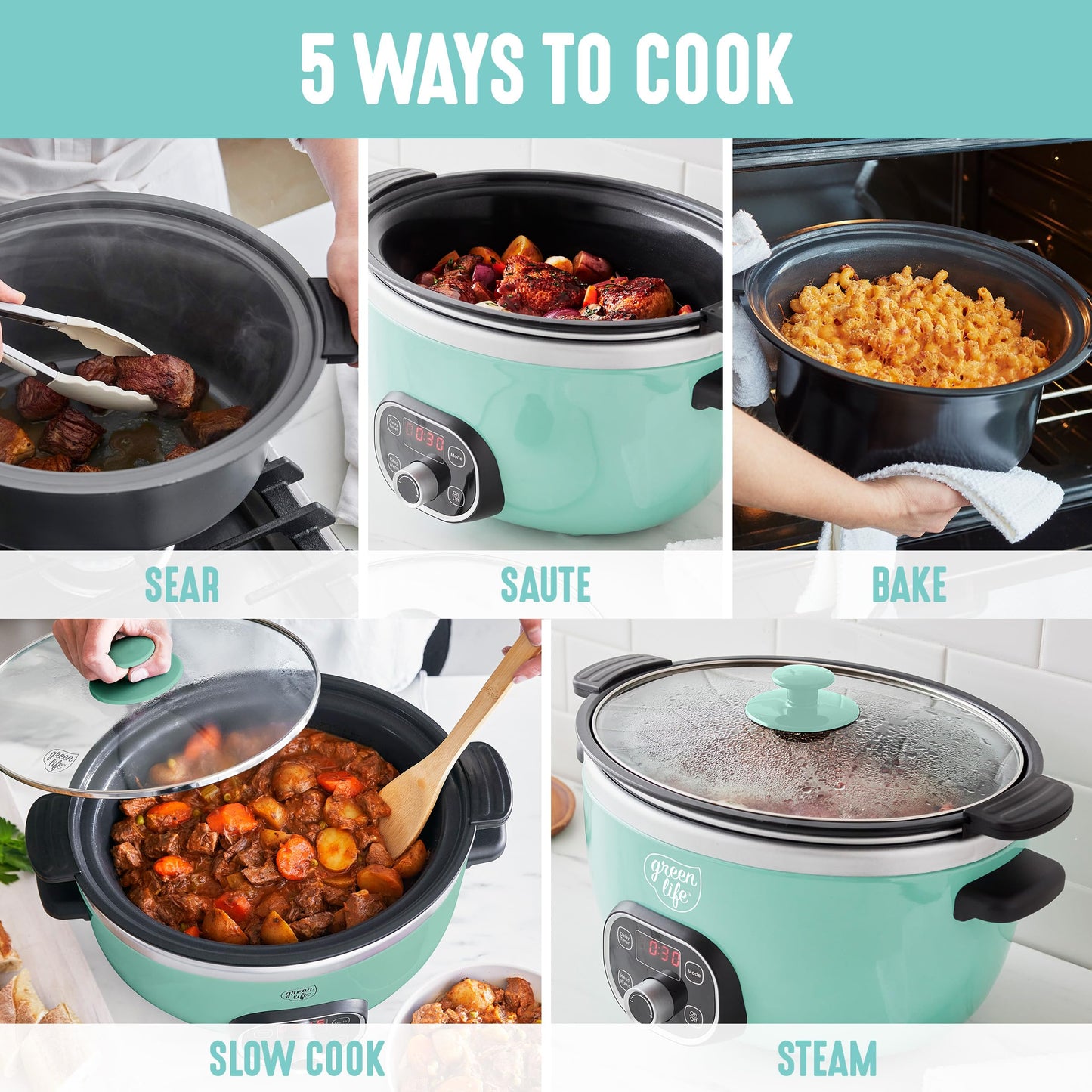 GreenLife 6QT Ceramic Slow Cooker, PFAS-Free, Programmable, Removable Healthy Nonstick Pot for Family Meals, Sear on Stovetop, Keep Warm, Digital Timer, Dishwasher Safe Crock, Turquoise