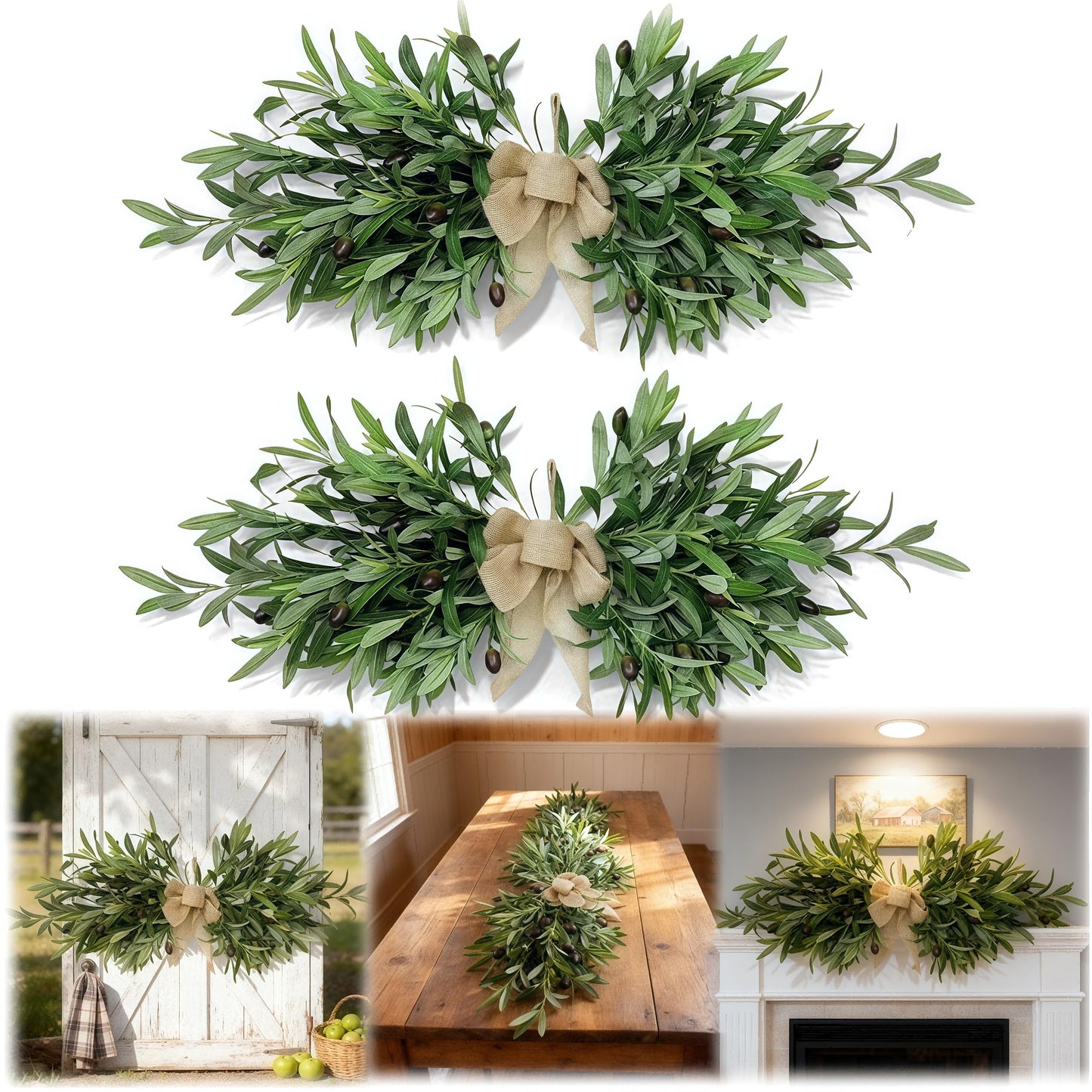 26" Farmhouse Olive Leaf Greenery Swag with Premium Burlap Bow, Realistic Faux Olive Branch Door Decor for Front Door, Wall, Mantel, Table, Kitchen, Bathroom, Weddings & Seasonal Styling, Green 2Pcs