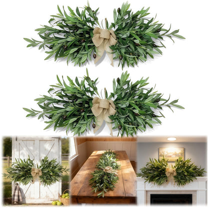 26" Farmhouse Olive Leaf Greenery Swag with Premium Burlap Bow, Realistic Faux Olive Branch Door Decor for Front Door, Wall, Mantel, Table, Kitchen, Bathroom, Weddings & Seasonal Styling, Green 2Pcs