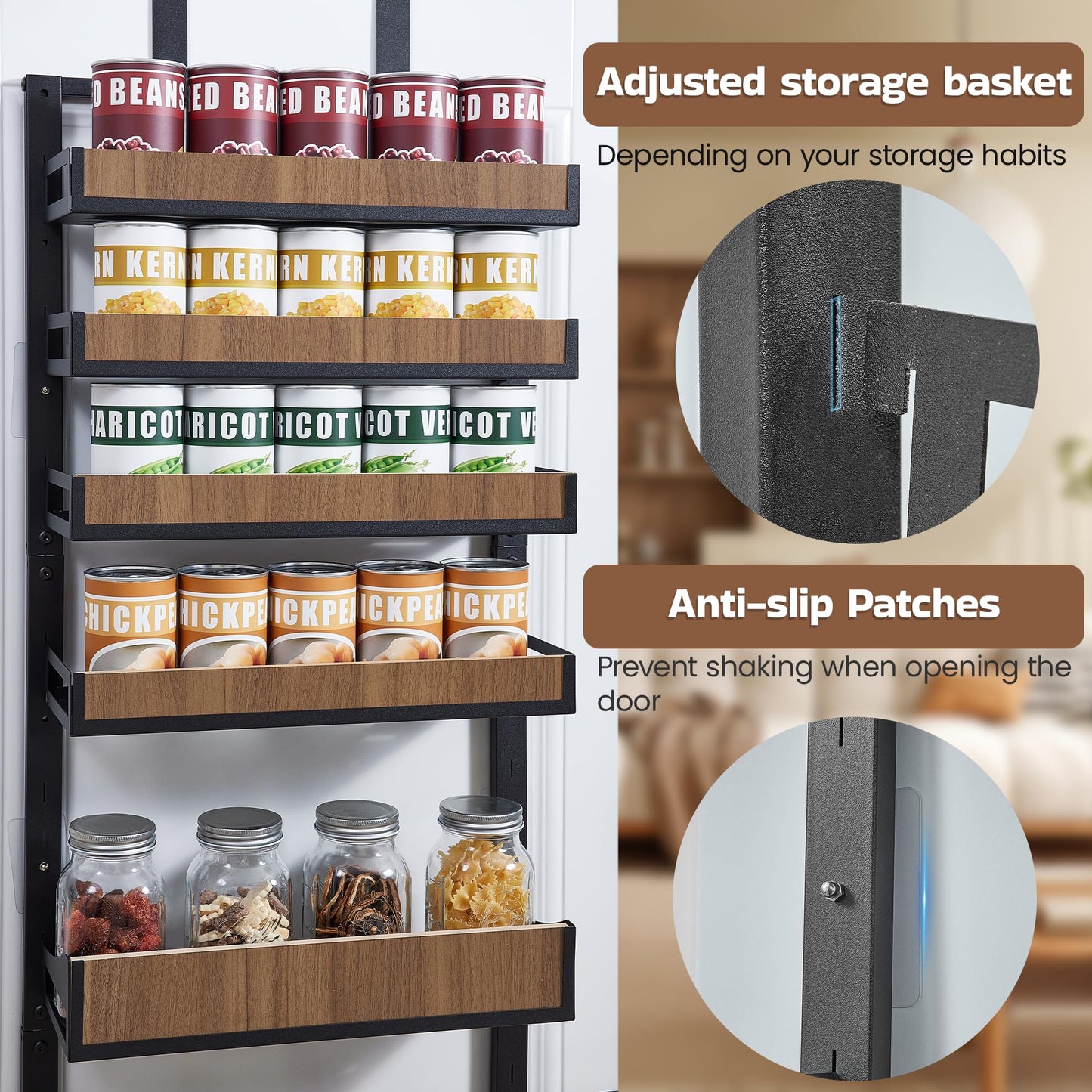 Fulifix Over The Door Pantry Organizer with Solid Wooden Baskets, 6-Tier Pantry Door Organizer Wall Mount, Metal Hanging Spice Rack Organization and Storage for Home, Kitchen, Cabinet