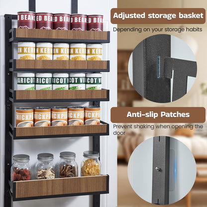 Fulifix Over The Door Pantry Organizer with Solid Wooden Baskets, 6-Tier Pantry Door Organizer Wall Mount, Metal Hanging Spice Rack Organization and Storage for Home, Kitchen, Cabinet