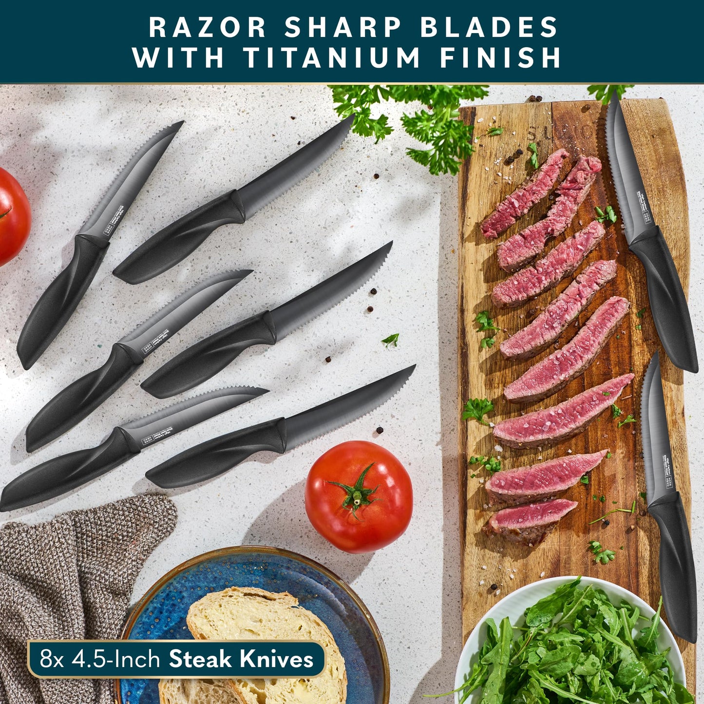 Home Hero Kitchen Knife Set - Wooden Knife Block Organizer - High Carbon Stainless Steel Blades - Ergonomic Handles with Built-In Sharpener & Kitchen Scissors - 16-Pc, Black