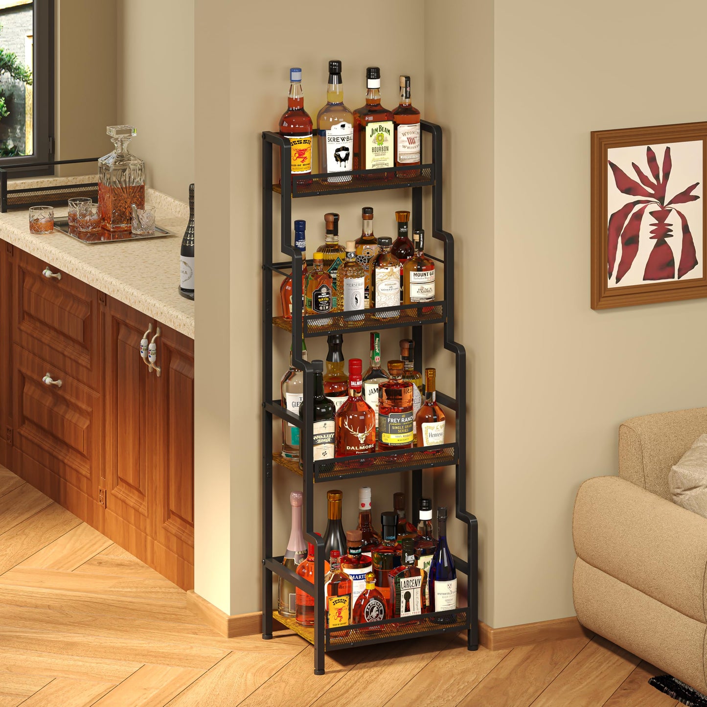 Hayexiha 4-Tier Stepped Freestanding Wine Rack, Large Capacity Liquor Cabinet with Anti-Fall Guardrails and Rounded Corners, Bottle Display Shelf & Mini Bar for Living Room, Home Bar, Kitchen Corner