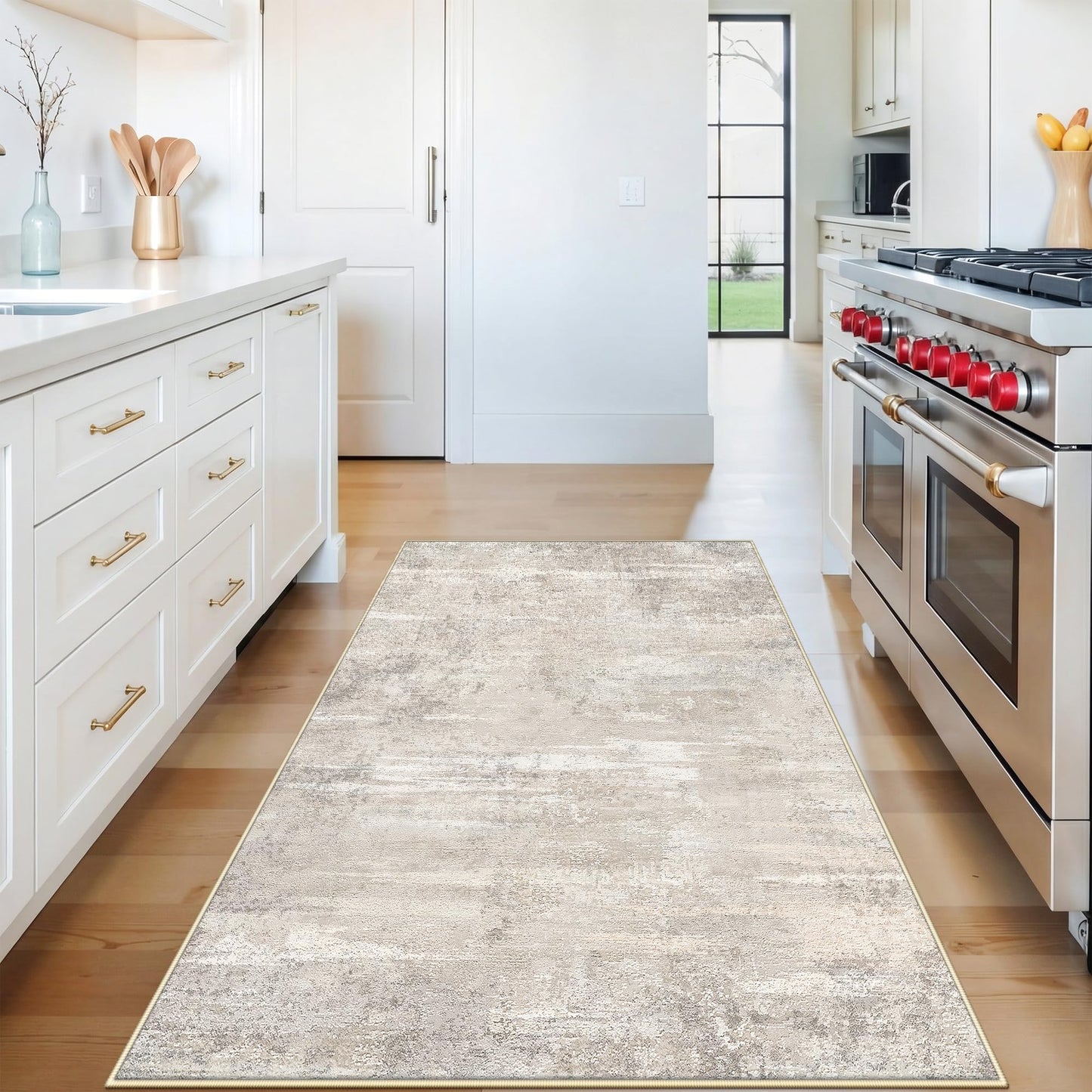 Living Room Area Rugs 4x5 - Modern Abstract Washable Bedroom Rugs with Non Slip Backing Soft Low Pile Carpet for Kitchen Office Nursery Indoor Home Decor Floor Mat for Bathroom 4x5 Beige