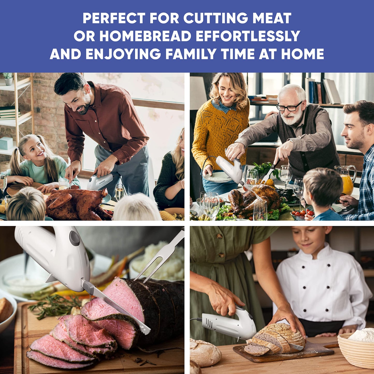 Homaider Electric Knife for Meat Slicing, Turkey, Carving Meat, Turkey, Bread & More | Ergonomic Handle + 2 Carving Stainless Steel Blades and Serving Fork Included, 6 Foot Cord