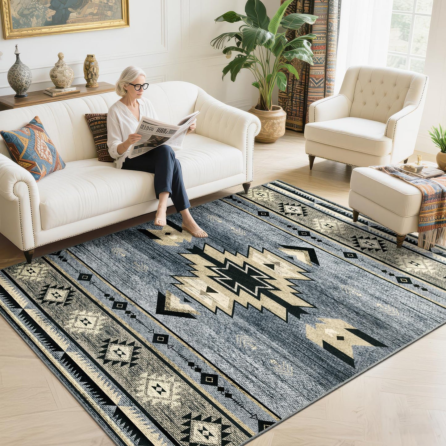 B BENRON Western Rugs for Living Room, Non Slip Rustic Rug for Bedroom Dining Table Kitchen, Washable Aesthetic Area Rugs for Home Decor, 5ft x 7ft, Grey