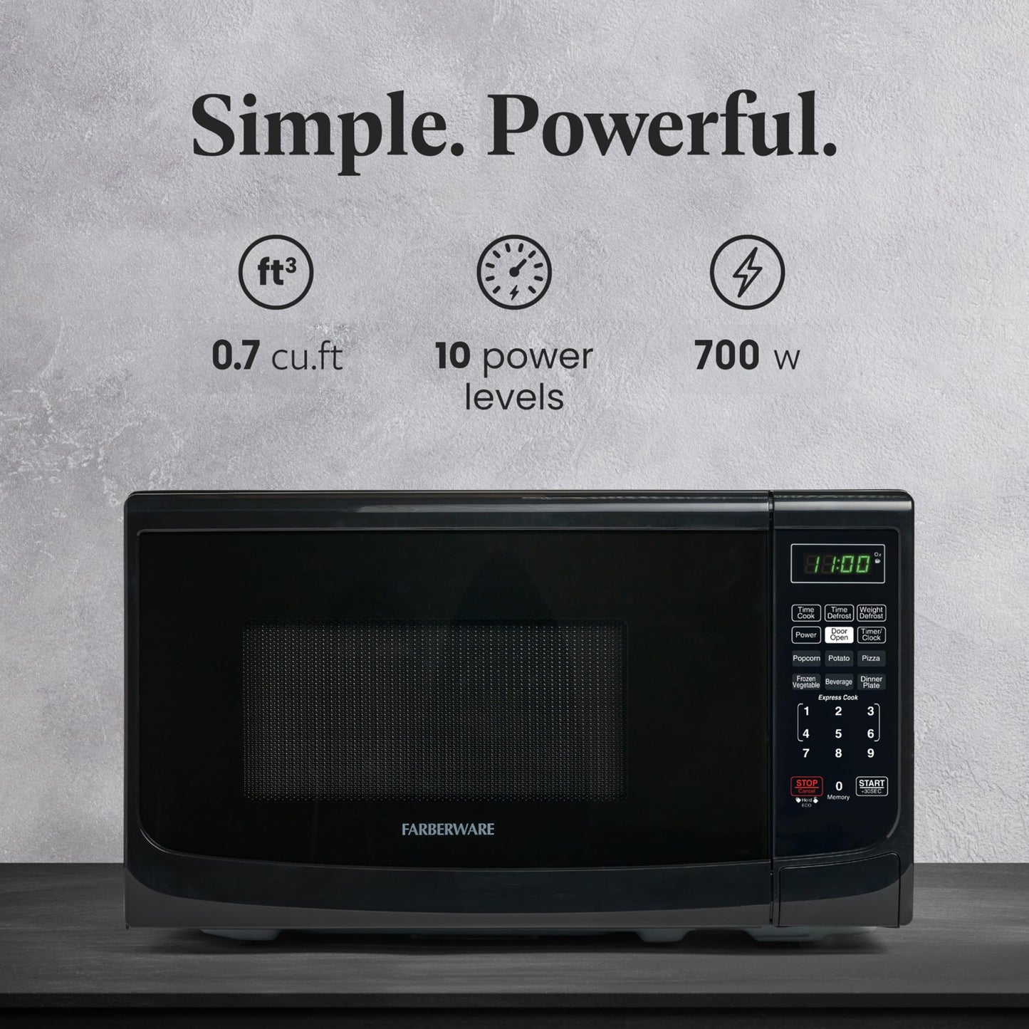Farberware 0.7 Cu. Ft. Countertop Microwave Oven – 700 Watts Power, Auto Cook Settings, Defrost, Easy Clean and Child Safety Lock - Black