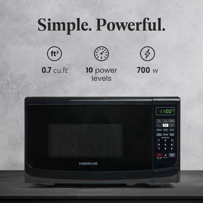 Farberware 0.7 Cu. Ft. Countertop Microwave Oven – 700 Watts Power, Auto Cook Settings, Defrost, Easy Clean and Child Safety Lock - Black
