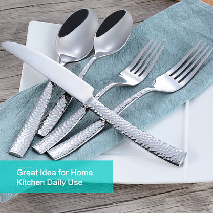 Flatasy Flatware Silverware Set Hammered Mirror Polished Stainless Steel 20 Piece Set for Home Kitchen Restaurant Hotel Housewarming Wedding Gift Service for 4