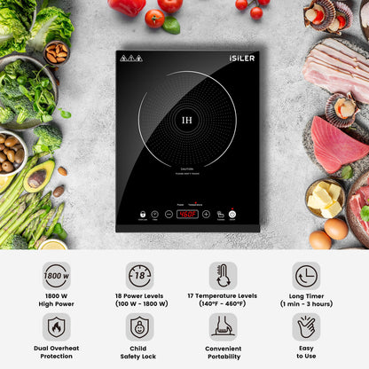 Portable Induction Cooktop, iSiLER 1800W Sensor Touch Electric Induction Cooker Hot Plate with Kids Safety Lock, 6.7" Heating Coil, 18 Power 17 Temperature Setting Countertop Burner with Timer