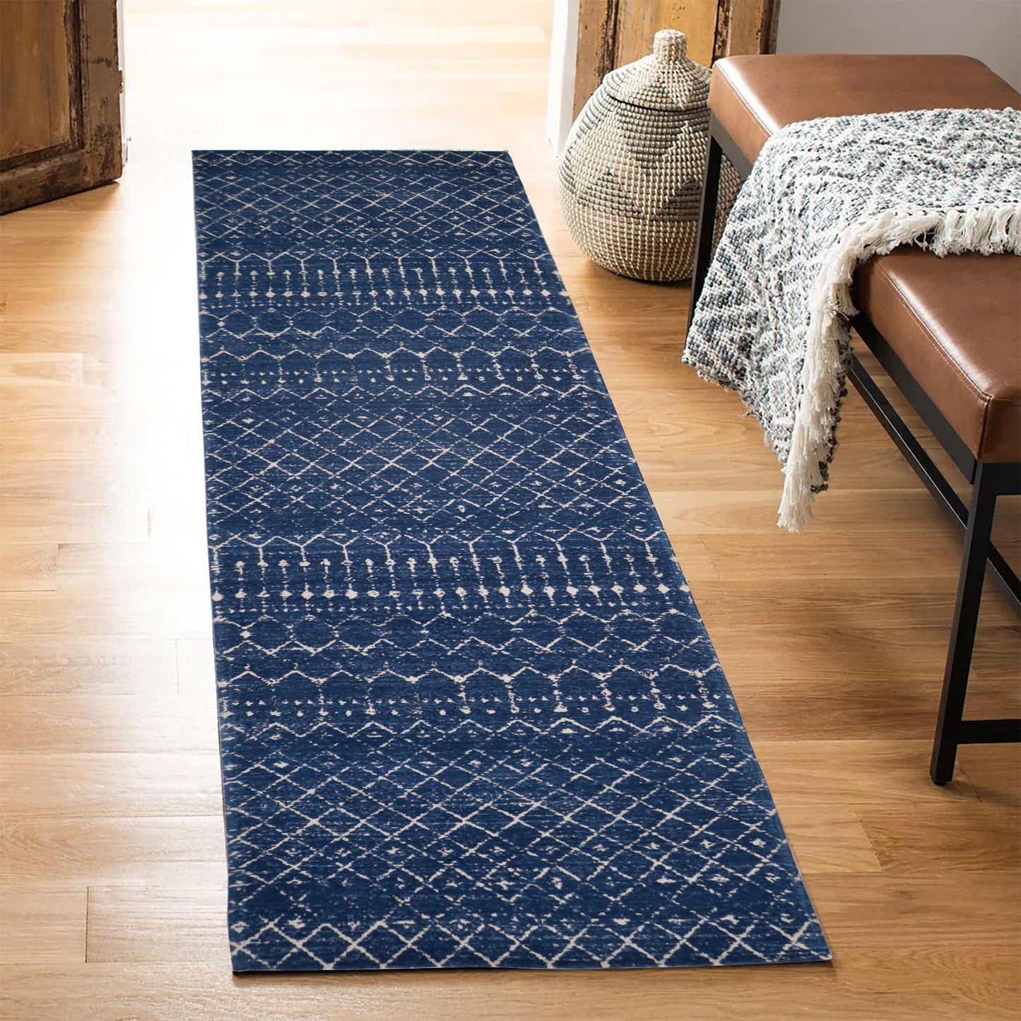 Moroccan Runner Kitchen Non Slip Vintage Hallway Rug, Washable Small Kitchen Area Rug Laundry Room Carpet for Entryway Bedroom Bathroom (2.3'x8.9', Dark Blue)