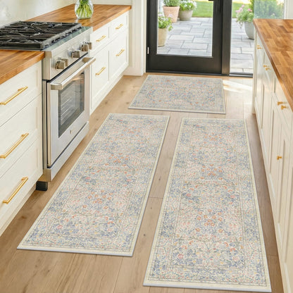JTJ Washable Kitchen Rugs Sets of 3, Beige Blue Non-Slip Mats with Vintage Botanical Cottage Design, Soft Low-Pile Floor Rug for Sink, Entry and Everyday Home Spaces
