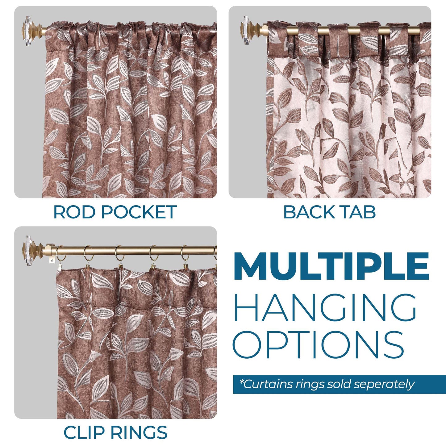 Superior Blackout Curtains, Room Darkening, Bedroom, Drapes, Kitchen, Living Room Window Accents, Sun Blocking, Thermal, 2 Pack, Leaves Blackout Back Tab Curtains, Set of 2, 52" x 96", Copper