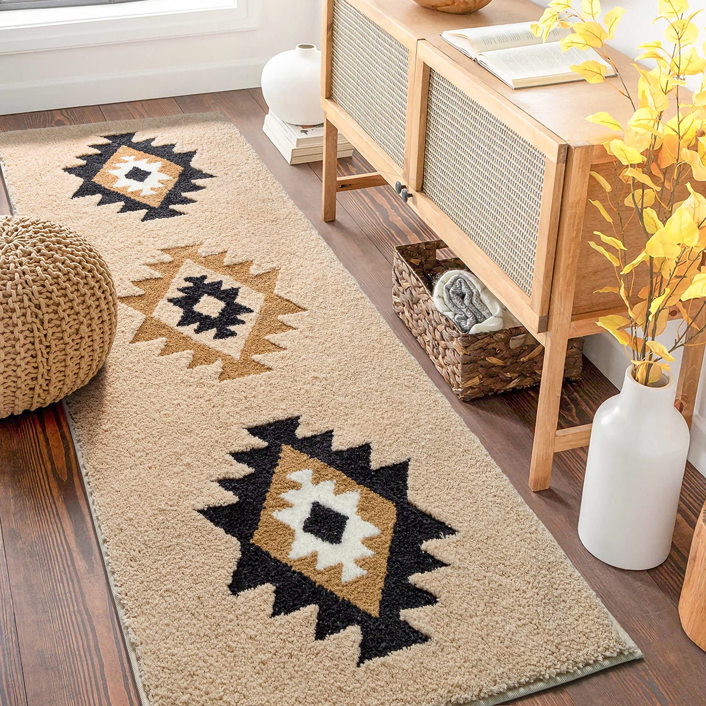 DEXDE Boho Bathroom Runner Rugs 24x60 Long Bath Mat for Bathroom Bedroom Hallway Kitchen Shower Luxury Soft Absorbent Large Bath Rugs Carpet Geometric Farmhouse Home Decor, Beige