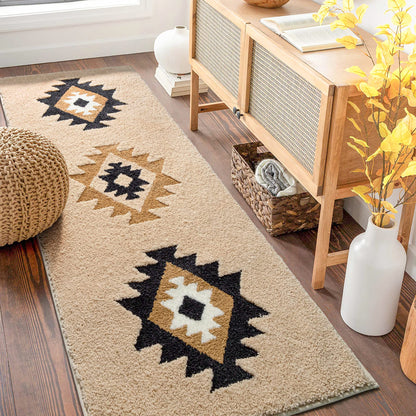 DEXDE Boho Bathroom Runner Rugs 24x60 Long Bath Mat for Bathroom Bedroom Hallway Kitchen Shower Luxury Soft Absorbent Large Bath Rugs Carpet Geometric Farmhouse Home Decor, Beige