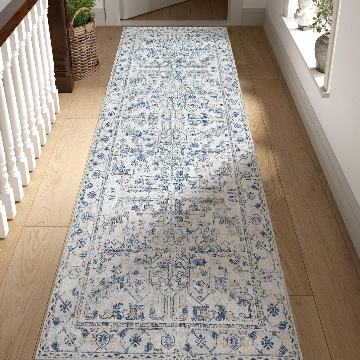 jinchan Lima Hallway Runner Rug 2x10 Washable - Vintage Floral Non Slip Low-Pile Soft Ultra-Thin Faux Wool Kitchen Rug Distressed Carpet Runner for Farmhouse Bedroom Laundry (2x10ft, Blue)