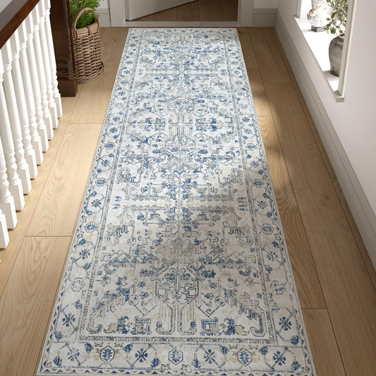 jinchan Lima Hallway Runner Rug 2x10 Washable - Vintage Floral Non Slip Low-Pile Soft Ultra-Thin Faux Wool Kitchen Rug Distressed Carpet Runner for Farmhouse Bedroom Laundry (2x10ft, Blue)