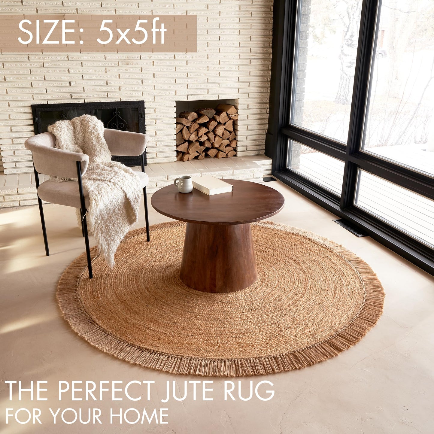 KIBAGA Beautiful 5x5 ft Round Jute Area Rug for Your Home - This Natural Hand Woven Rug Fits Perfectly Into Your Entry Area, Kitchen Or Living Room - Modern Braided Circle Mat Enhances Any Boho Decor