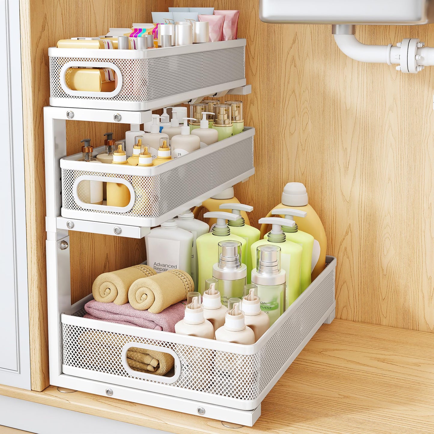 Under Sink Organizer, 1-Pack 3-Tier Thickened Metal Pull out Cabinet Organizer Shelf, Height Adjustable Slide out Storage Drawer Rack for Kitchen Bathroom Pantry Laundry Home Organization, White