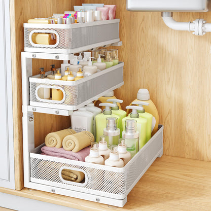 Under Sink Organizer, 1-Pack 3-Tier Thickened Metal Pull out Cabinet Organizer Shelf, Height Adjustable Slide out Storage Drawer Rack for Kitchen Bathroom Pantry Laundry Home Organization, White
