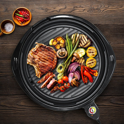 Elite Gourmet EMG-980BX Large Indoor Electric Round Nonstick Grill Cool Touch Fast Heat Up Ideal Low-Fat Meals Dishwasher Safe Includes Glass Lid, 14", Black