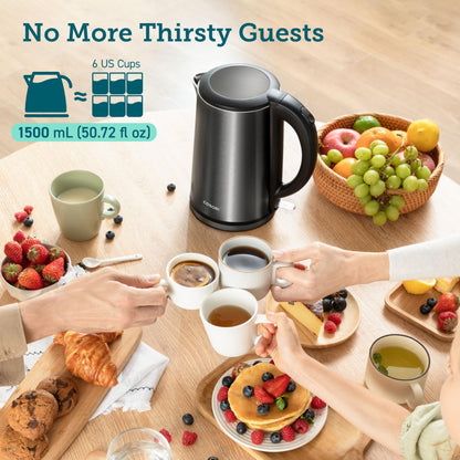 COSORI 1.5L Stainless Steel Electric Kettle, 1500W Fast Boil, Auto Shut-Off, Boil-Dry Protection, Cordless, Black
