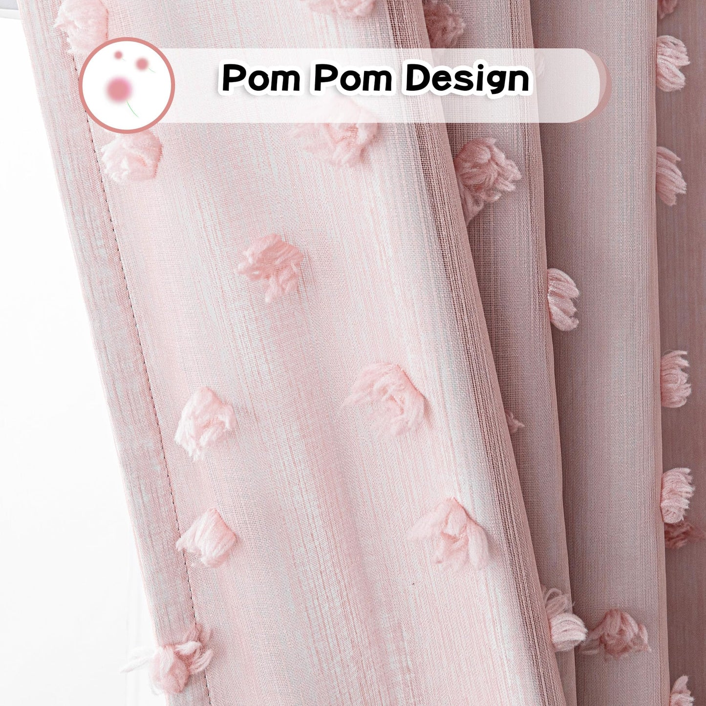 MYSKY HOME 100% Blackout Curtains for Nursery Thermal Insulated Blush Pink Pom Pom Curtain 72 Inch Length for Girls Bedroom 2 Panels Grommet White Sheer Drapes for Kitchen Dining Room Door, 52W x 72L