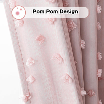 MYSKY HOME 100% Blackout Curtains for Nursery Thermal Insulated Blush Pink Pom Pom Curtain 72 Inch Length for Girls Bedroom 2 Panels Grommet White Sheer Drapes for Kitchen Dining Room Door, 52W x 72L