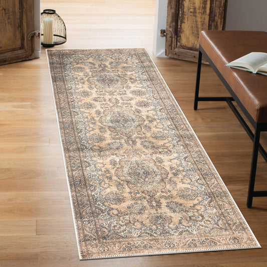 Keen Home Design 2x10 Rug - Machine Washable Runner Rug with Non-Slip Backing, Ideal for Hallway, Entryway, Kitchen, Laundry Room - Vintage, Easy Clean, Durable, Low Pile - (2'6" x 10')