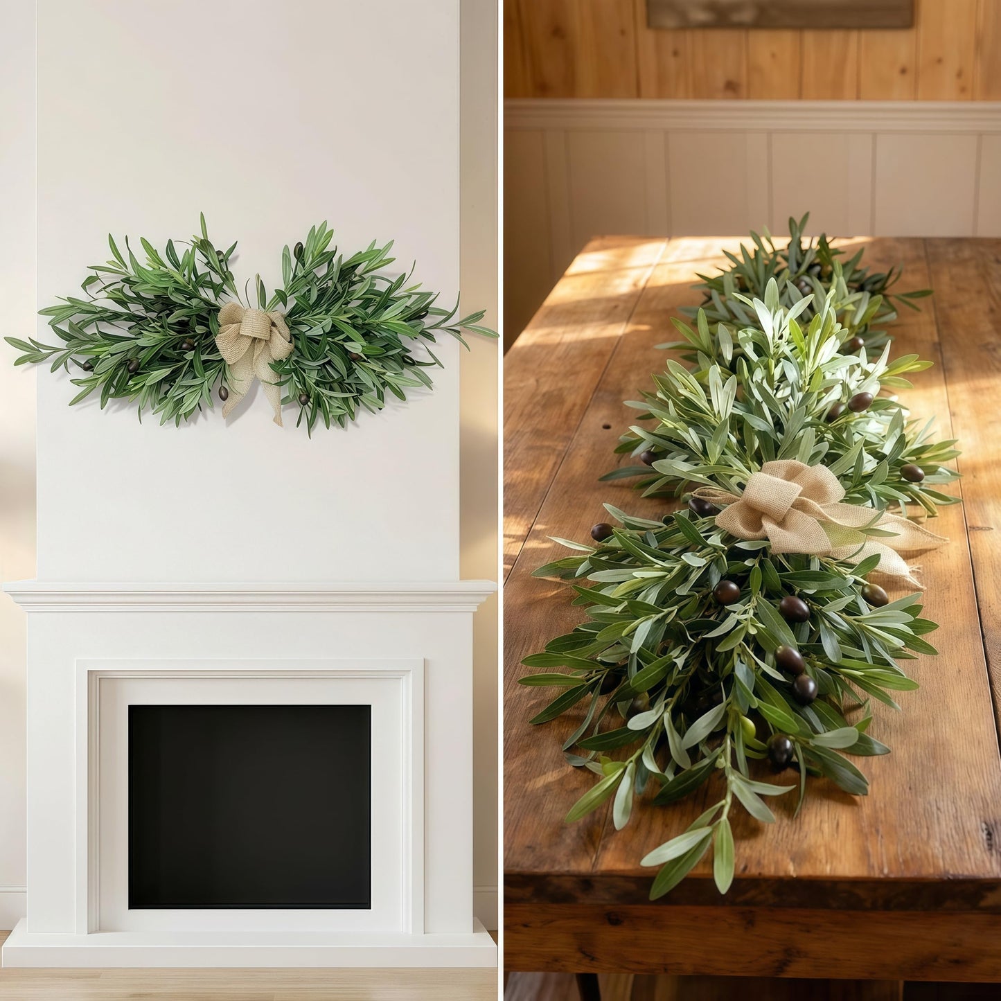 26" Farmhouse Olive Leaf Greenery Swag with Premium Burlap Bow, Realistic Faux Olive Branch Door Decor for Front Door, Wall, Mantel, Table, Kitchen, Bathroom, Weddings & Seasonal Styling, Green 2Pcs