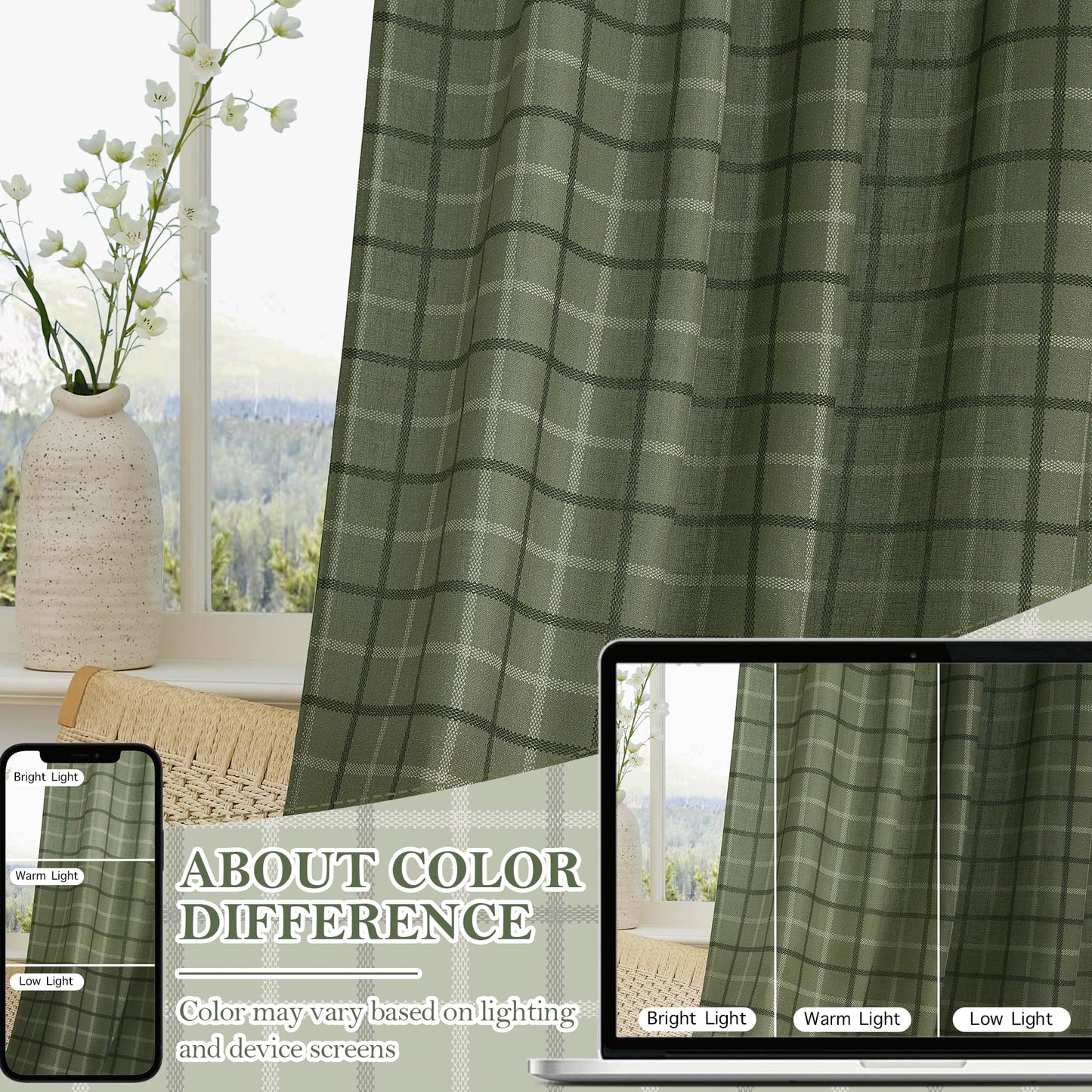 RYB HOME Green Plaid Curtains for Living Room Dining Room, Linen Blend Light Filtering Semi-Sheer Privacy Farmhouse Checkered Window Treatment for Kitchen Bedroom, W52 x L96 Inch, 2 Panels
