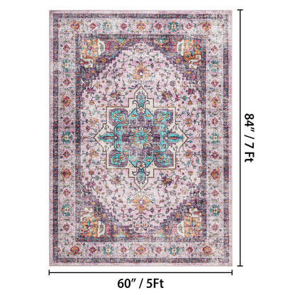 Softlife Washable Area Rug for Living Room, 5x7 Purple Large Boho Accent Rugs for Bedroom Bathroom Kitchen Under Dinning Table, Neutral Non-Slip Carpet for Nursery Kids Laundry Dorm Home Decor