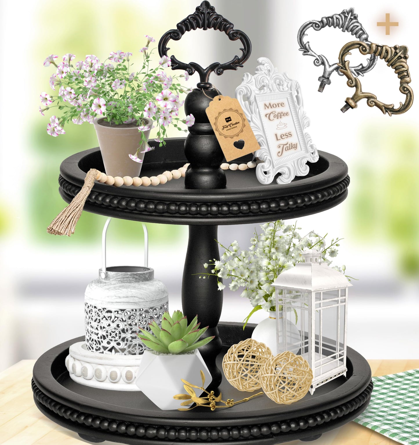 2 Tiered Tray Wooden Serving Stand by Felt Creative Home Goods. Small Beaded Tray for Home Decor Display Farmhouse Country Decoration Kitchen or Dining. Includes 3 Finial Custom Handles (Black)