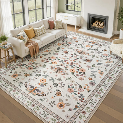 Foxmas Washable Area Rugs for Living Room, 5x7 Non-Slip Butterfly Floral Print Throw Rug, Low Pile Modern Indoor Floor Rug, Carpet for Bedroom Dining Room Laundry Room Kitchen Home Office，Beige