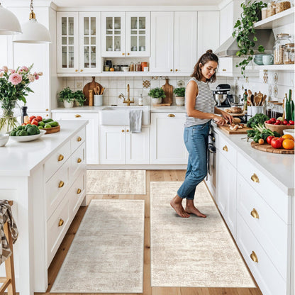 Kitchen Rug Sets 3 Piece Washable – Non Slip Modern Boho Small Kitchen Rugs and Runner Set for Sink Entryway Bathroom Hallway – Soft Low Pile Floor Mats (Cream Beige, 2x3+2x4+2x5)