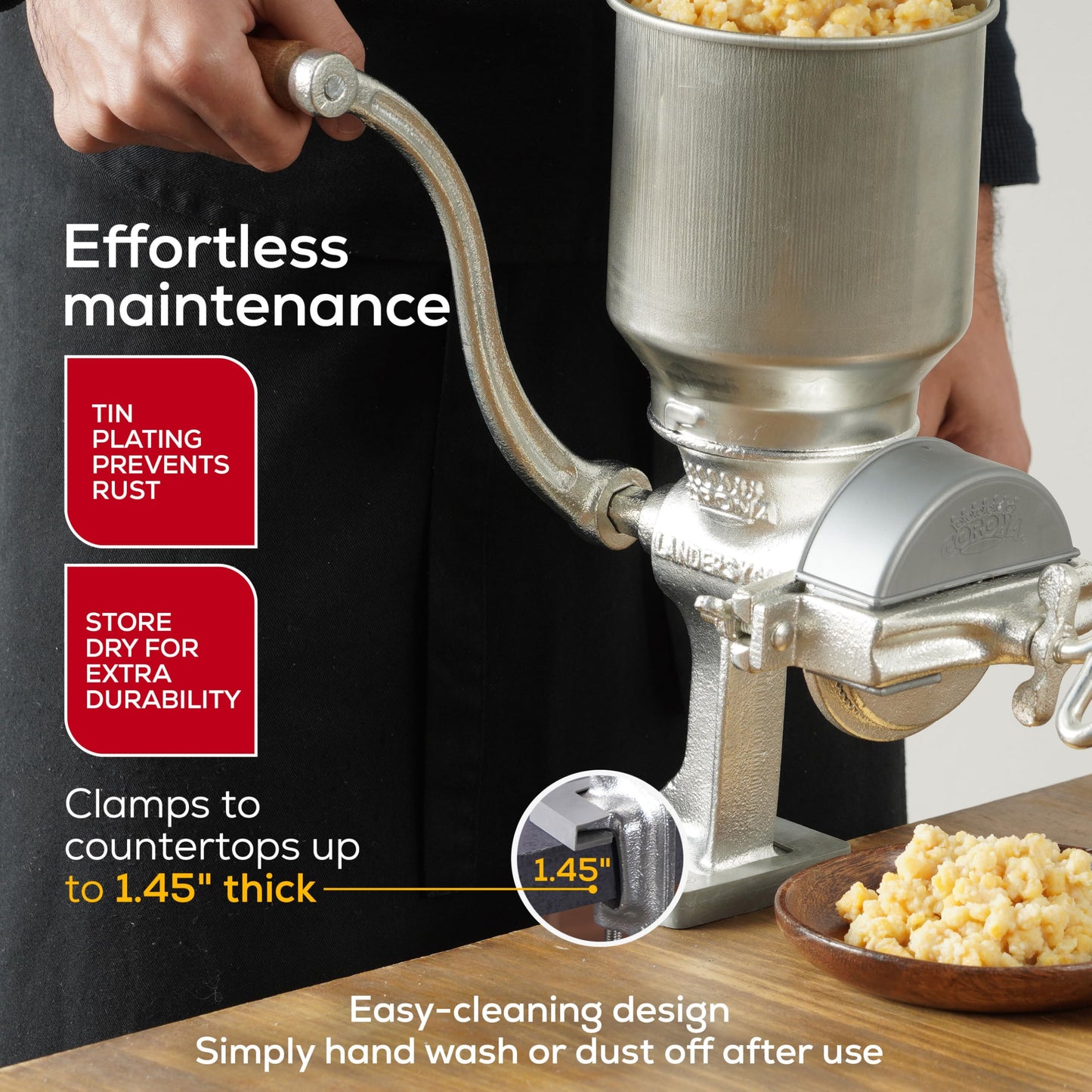 Corona Corn Grinder with High Hopper, Grain Mill, Manual Grinder For Corn, Rice, Soybeans, Pepper, Chickpeas, Cast Iron Wheat Grinder For Domestic Use