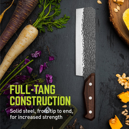TRUE PrimalForge Nakiri Knife | Precision Cutting, Vegetable Cutlery, Home & Professional Knife, Rugged Stonewash Finish, Sharp 5Cr15MoV Stainless-Steel, Wood Handle, Hand Forged Appearance