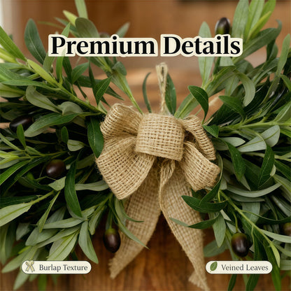 26" Farmhouse Olive Leaf Greenery Swag with Premium Burlap Bow, Realistic Faux Olive Branch Door Decor for Front Door, Wall, Mantel, Table, Kitchen, Bathroom, Weddings & Seasonal Styling, Green 2Pcs