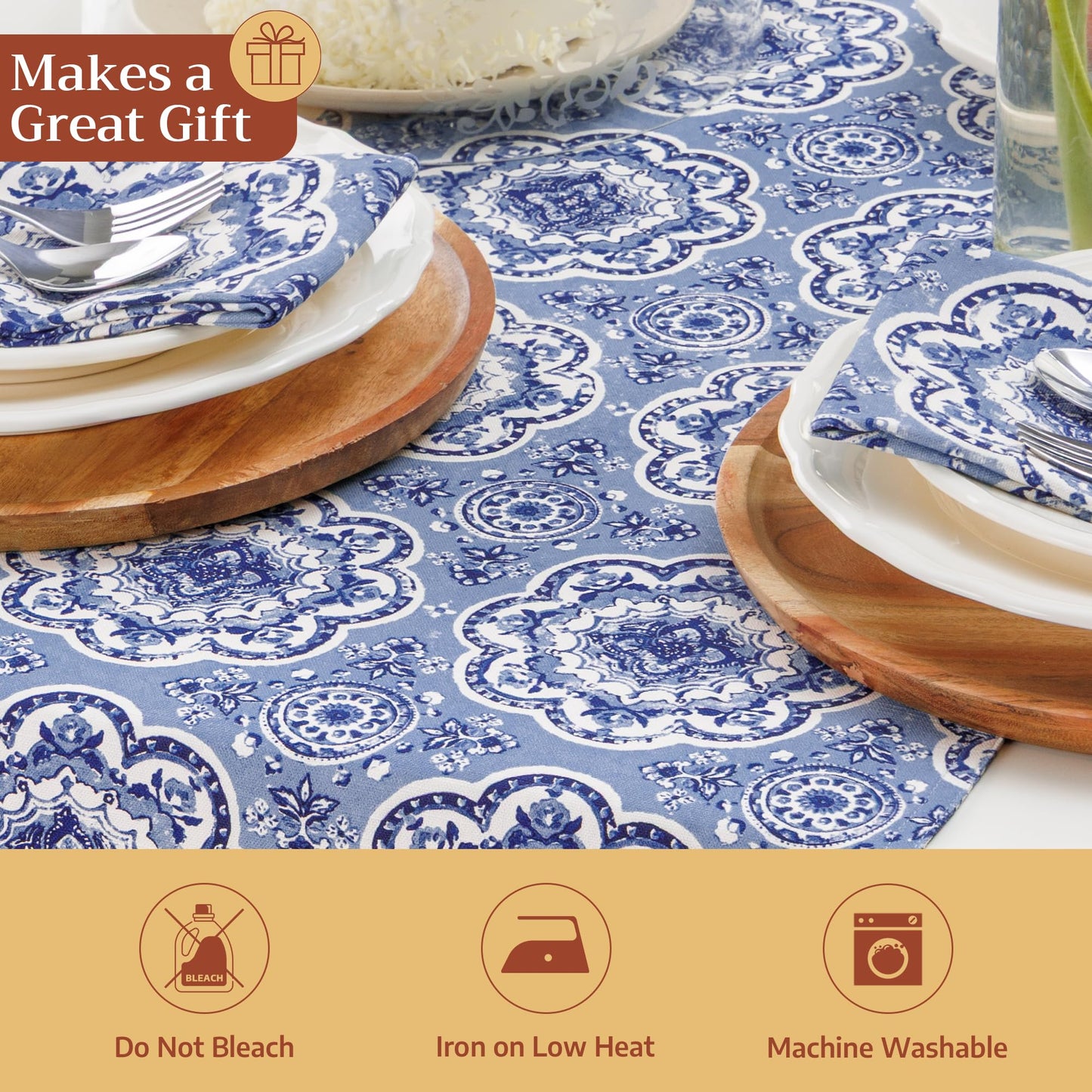 Maison d' Hermine Table Runner 100% Cotton Double Layer Table Runners 108 inches Long Decorative for Home Kitchen Dining Party Gifts for Mothers Day Spring Summer (Melodie Bleue )
