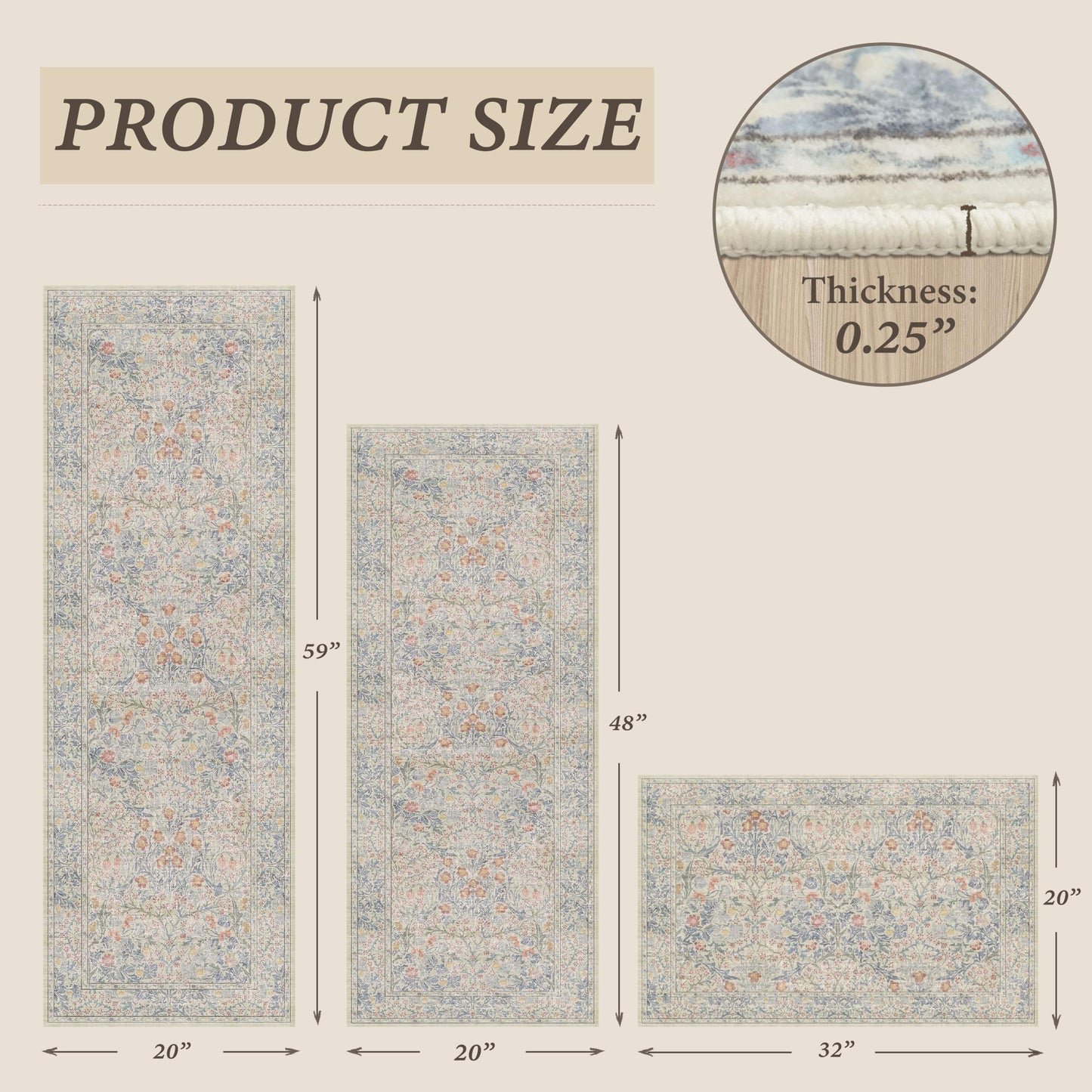 JTJ Washable Kitchen Rugs Sets of 3, Beige Blue Non-Slip Mats with Vintage Botanical Cottage Design, Soft Low-Pile Floor Rug for Sink, Entry and Everyday Home Spaces
