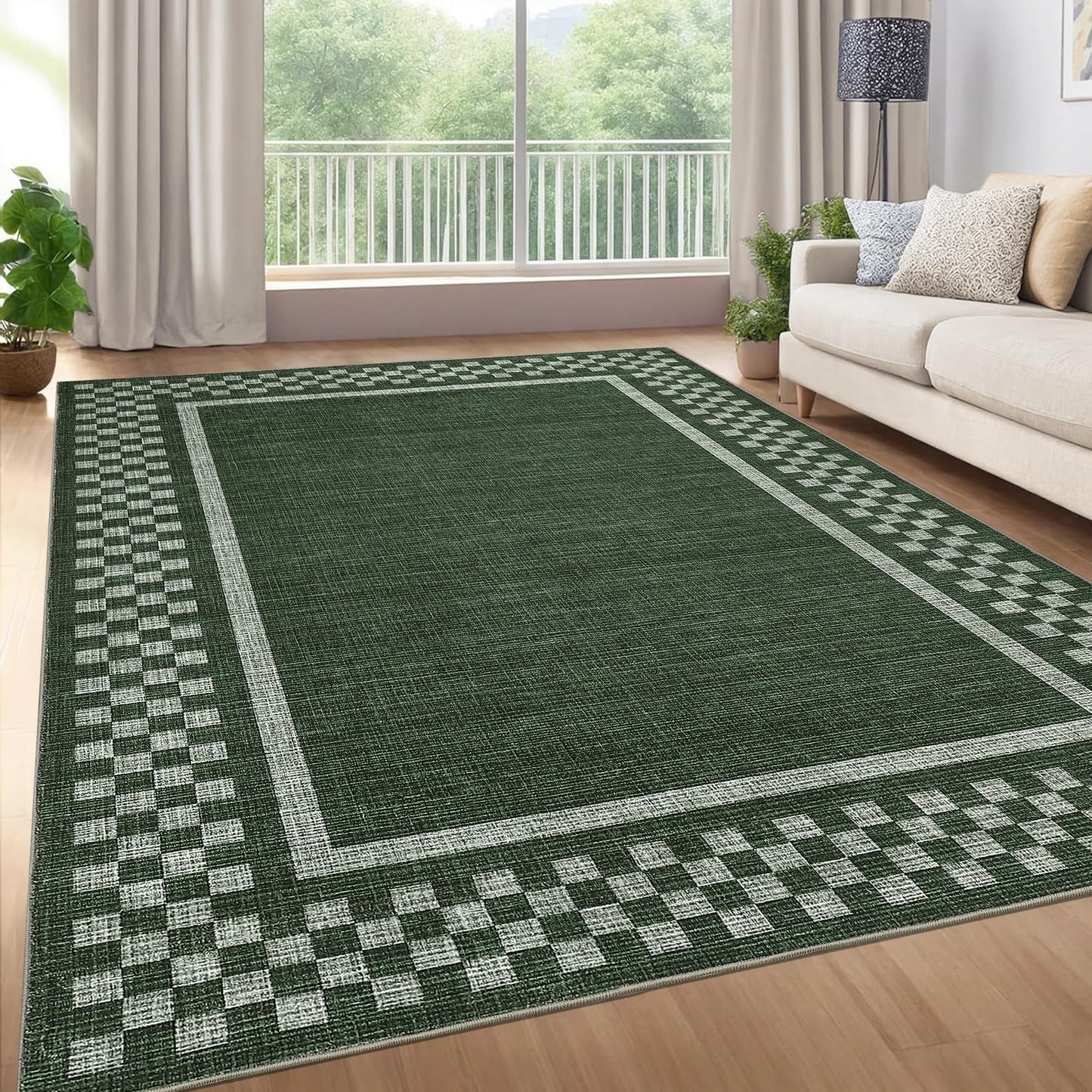 GarveeHome Washable Area Rug 4x6 Small Living Room Rugs Modern Bordered Soft Dining Room Throw Carpet Low Pile Non Slip Checkered Bedroom Rug Geometric Carpet for Nursery Kitchen Home Office, Green