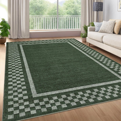 GarveeHome Washable Area Rug 4x6 Small Living Room Rugs Modern Bordered Soft Dining Room Throw Carpet Low Pile Non Slip Checkered Bedroom Rug Geometric Carpet for Nursery Kitchen Home Office, Green