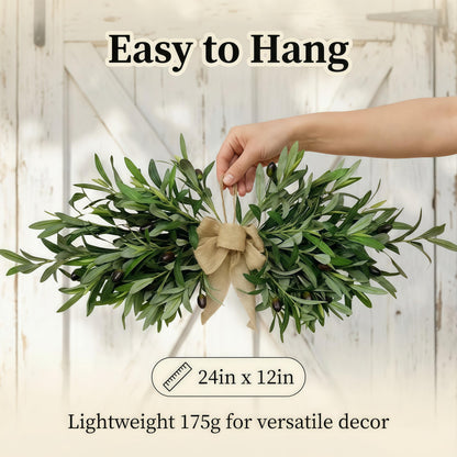 26" Farmhouse Olive Leaf Greenery Swag with Premium Burlap Bow, Realistic Faux Olive Branch Door Decor for Front Door, Wall, Mantel, Table, Kitchen, Bathroom, Weddings & Seasonal Styling, Green 2Pcs