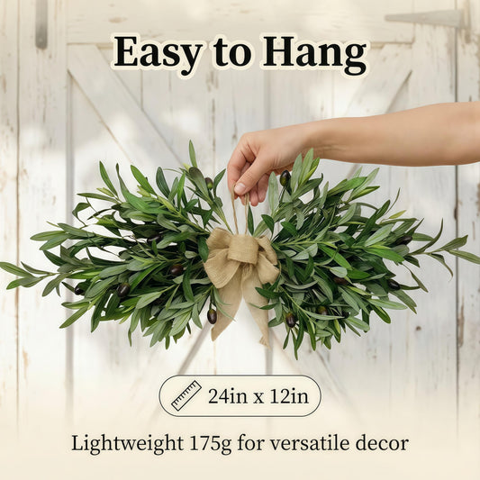 26" Farmhouse Olive Leaf Greenery Swag with Premium Burlap Bow, Realistic Faux Olive Branch Door Decor for Front Door, Wall, Mantel, Table, Kitchen, Bathroom, Weddings & Seasonal Styling, Green 2Pcs