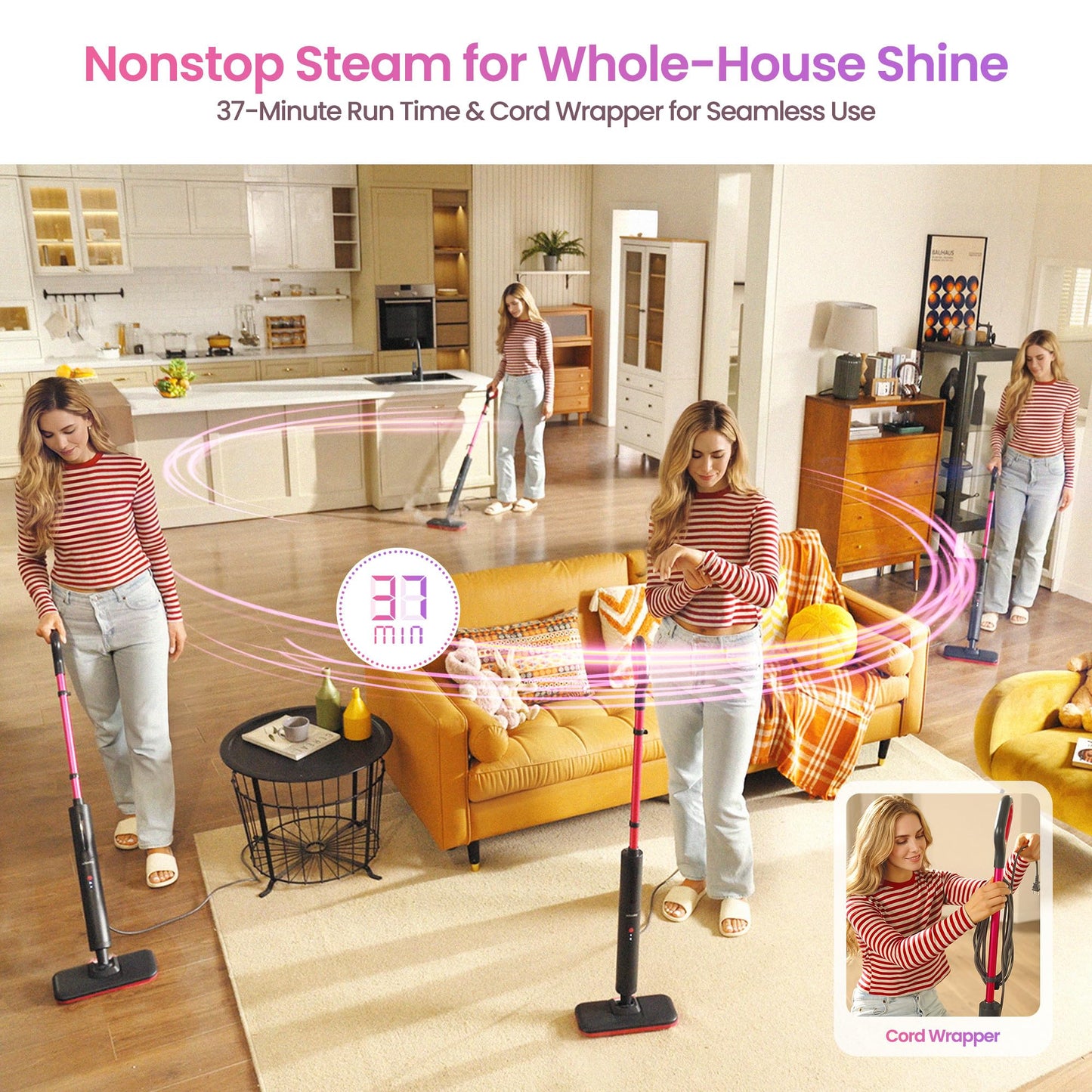 Schenley Steam Mop Cleaner Powerful - 15s Fast Heat-Up, Chemical-Free for Hardwood/Tile/Laminate & Floors/Walls, Washable Pads, 3 Modes for Carpet, Lightweight, Self-Standing, Sleek Design