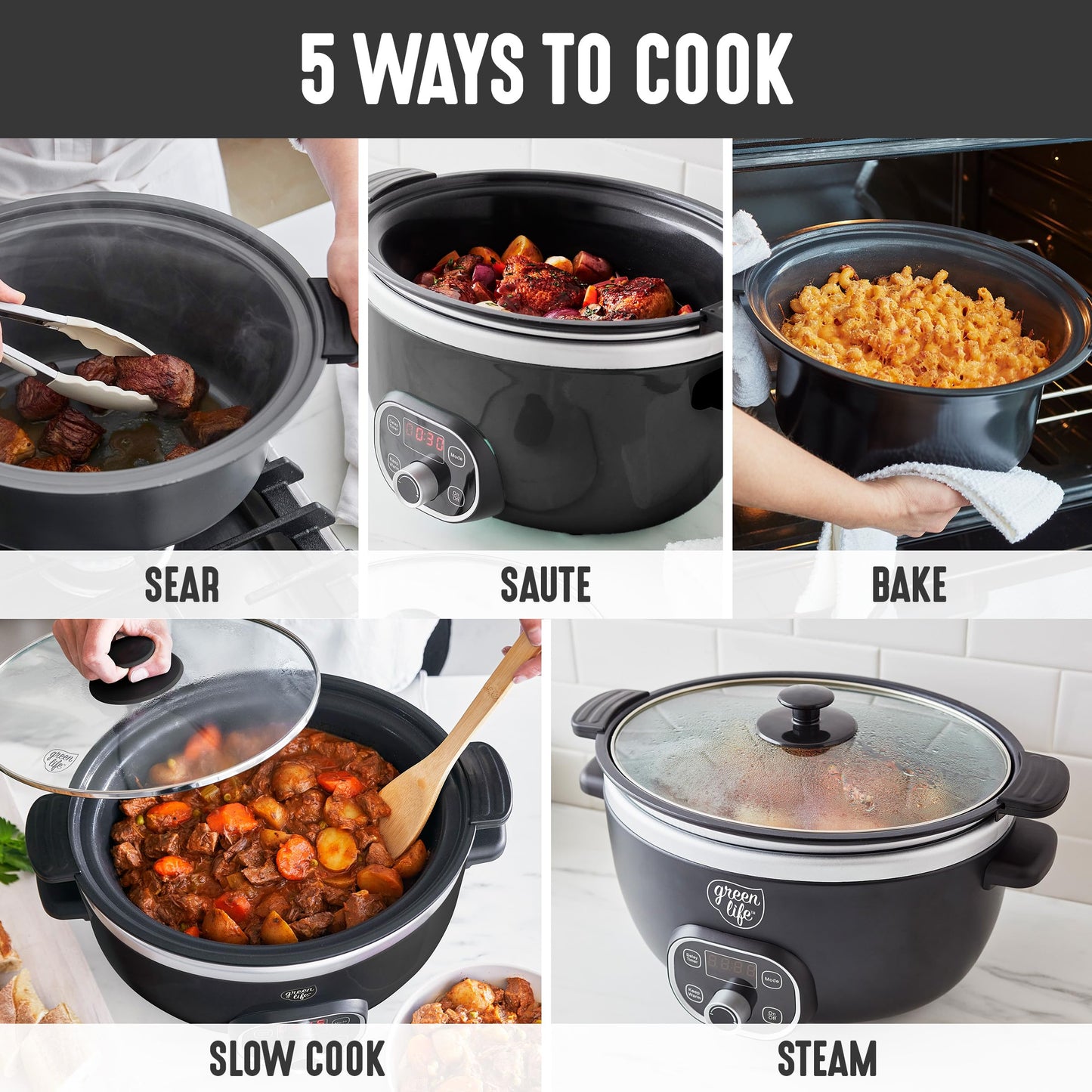GreenLife 6QT Slow Cooker, Non-Toxic PFAS-Free Ceramic Nonstick Removable Interior Bowl, Programmable, Family Friendly, Keep Warm, Stovetop & Oven Safe, Dishwasher Safe Crock, Timer, Glass Lid, Black