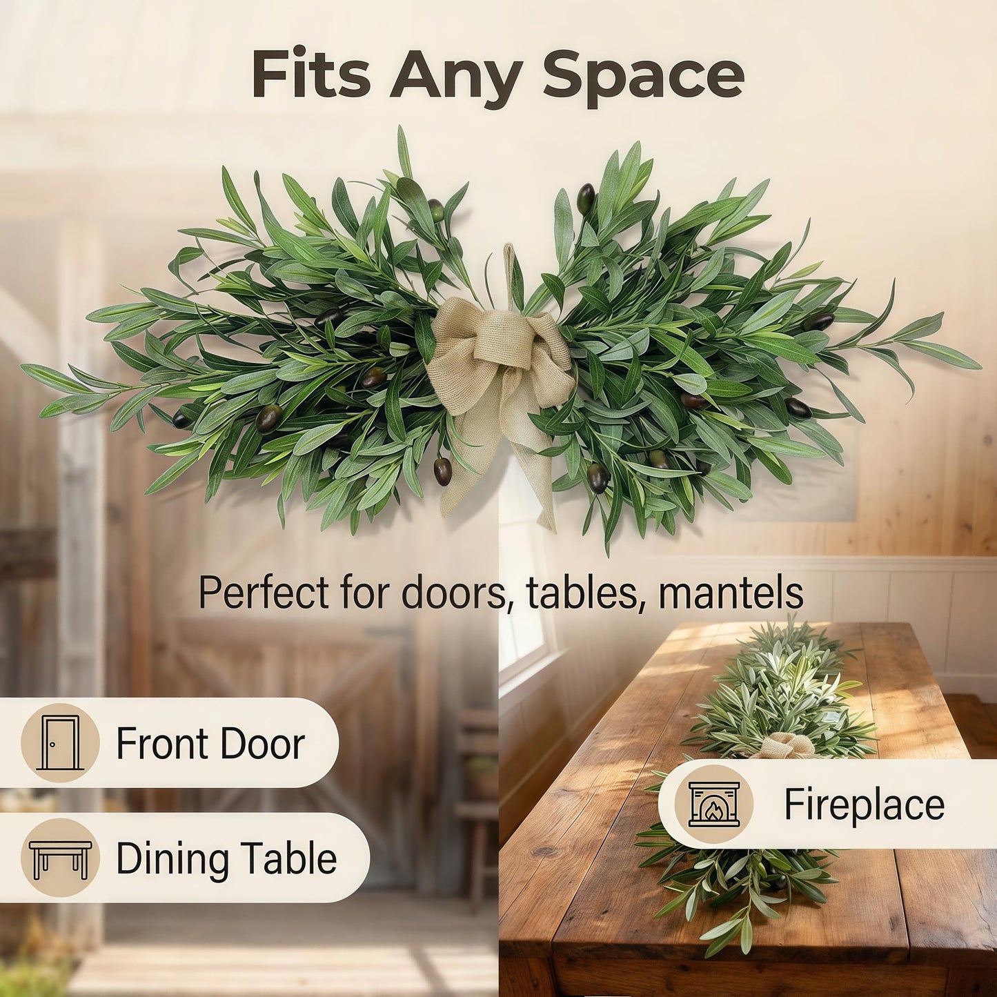 26" Farmhouse Olive Leaf Greenery Swag with Premium Burlap Bow, Realistic Faux Olive Branch Door Decor for Front Door, Wall, Mantel, Table, Kitchen, Bathroom, Weddings & Seasonal Styling, Green 2Pcs