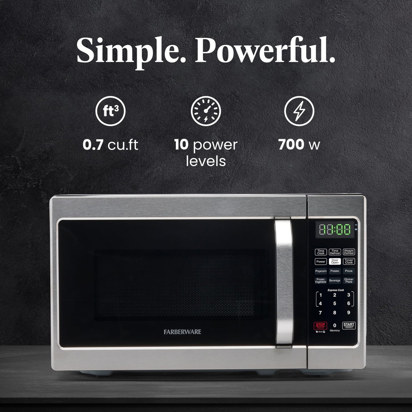 Farberware 0.7 Cu. Ft. Countertop Microwave Oven – 700 Watts Power, Auto Cook Settings, Defrost, Easy Clean and Child Safety Lock - Stainless
