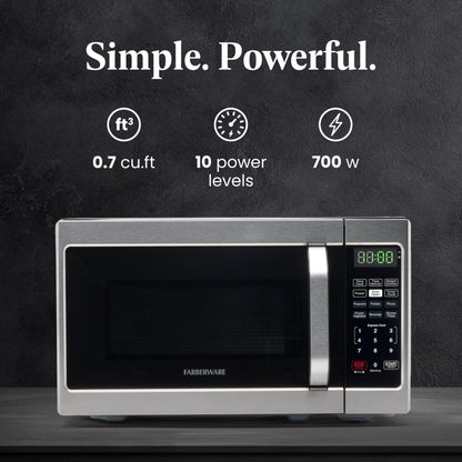 Farberware 0.7 Cu. Ft. Countertop Microwave Oven – 700 Watts Power, Auto Cook Settings, Defrost, Easy Clean and Child Safety Lock - Stainless