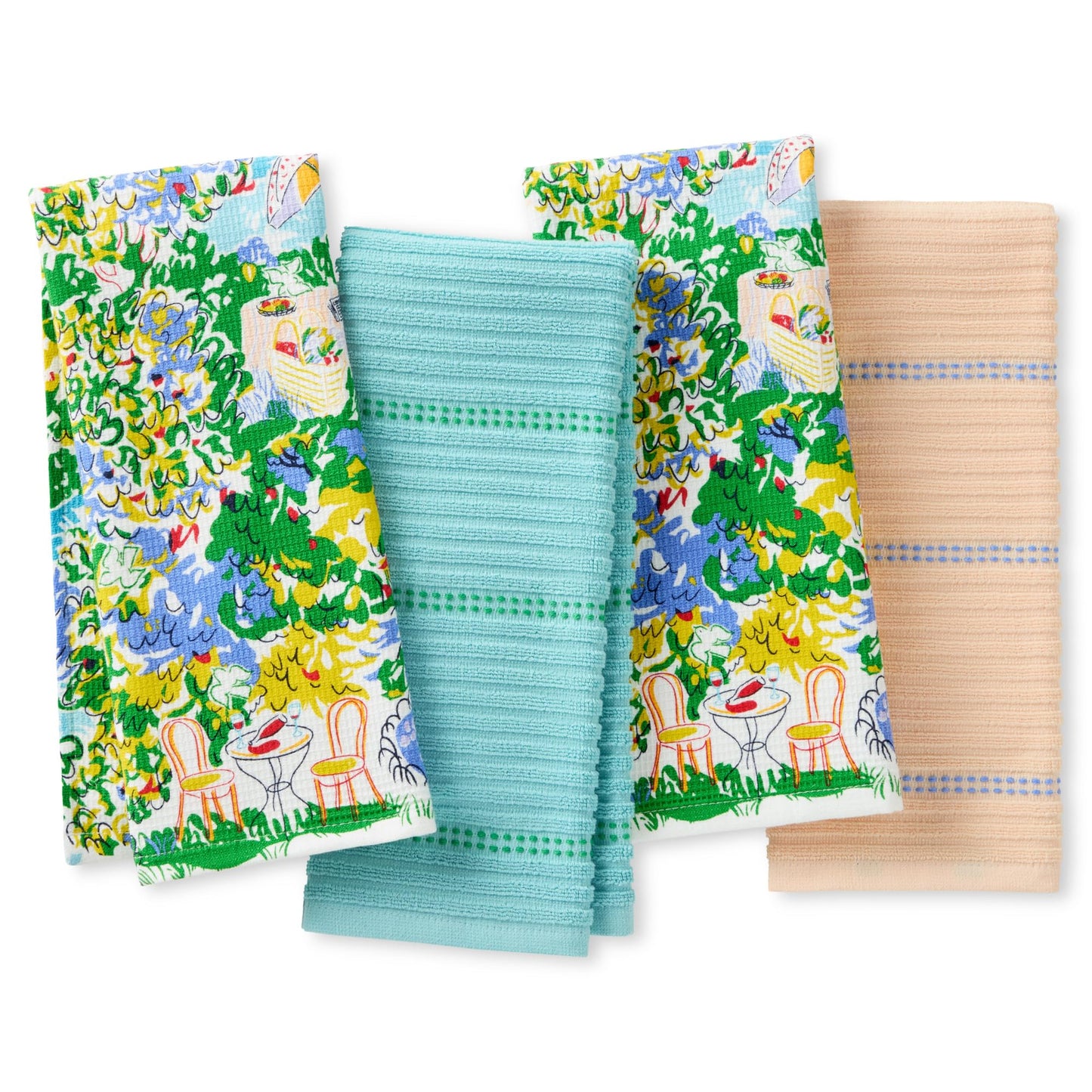 kate spade new york Spring Garden Kitchen Towels 4-Pack Set, Absorbent 100% Cotton, Blue/Green/Beige, 17"X28"